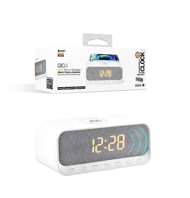 XPower QIC4 15W Wireless Charging + Bluetooth Speaker Alarm Clock - White - Tashqila XPower QIC4 15W Wireless Charging + Bluetooth Speaker Alarm Clock - White - Tashqila